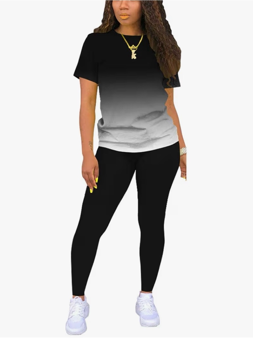Black & White Ombre Tee and Black Leggings Set - Women's Casual Two-Piece